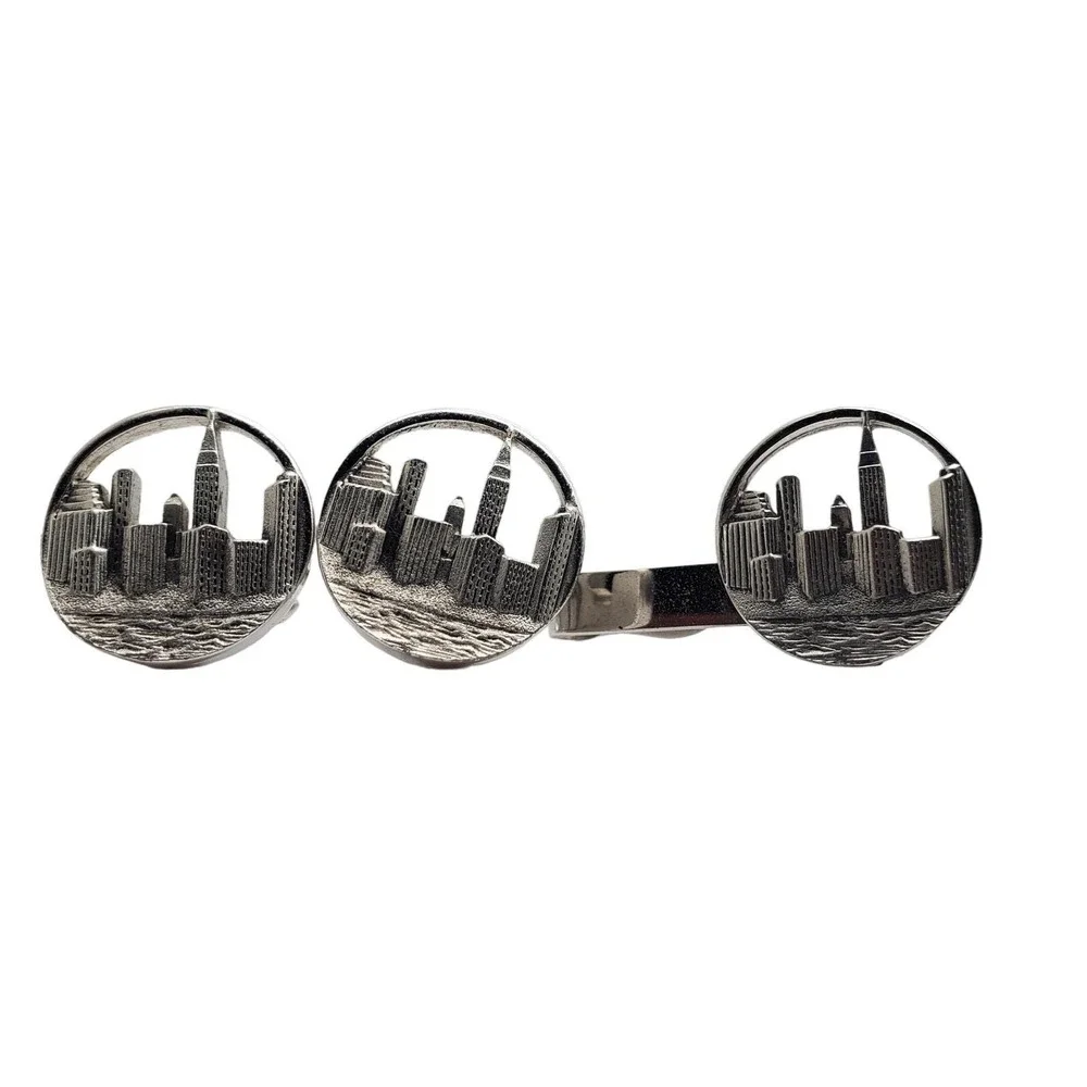 Swank NYC Cufflinks Tie Clip Bar New York Skyline Silver Tone Clasp Bar Mens Vtg
